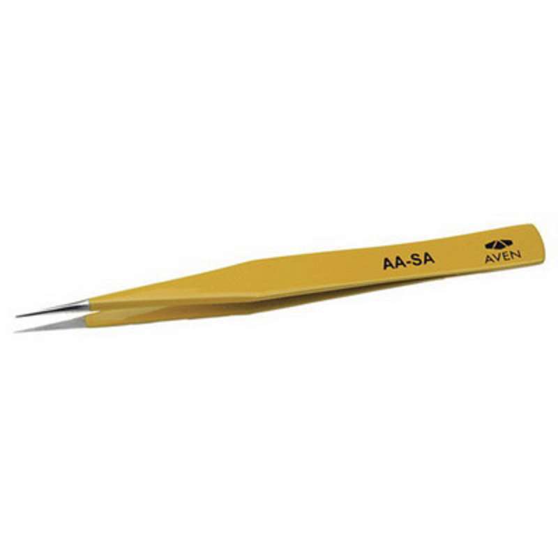 Style AA-SA E-Z Pick Stainless Steel Anti-Magnetic Yellow Tweezers with Straight Medium Point Tips, 5" Long